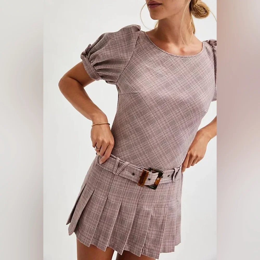NWOT Free People Sevi Belted Plaid Pleated Mini Dress in Gray & Pink Combo